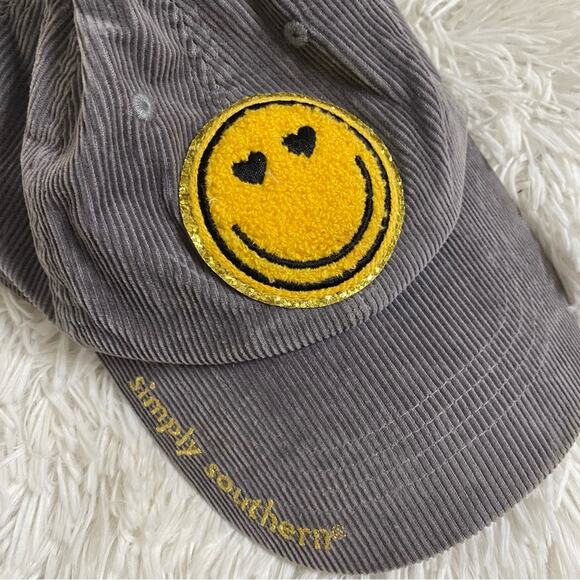 SIMPLY SOUTHERN • Women’s Gray Corduroy Smiley Face Baseball Cap Hat - Picture 2 of 6